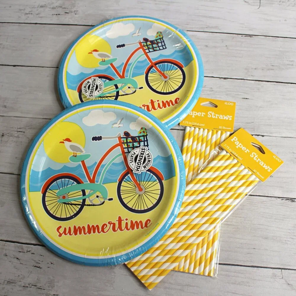 Bicycle Paper Plates Party Supplies Summer Time Birthday Picnic Beach Lot
